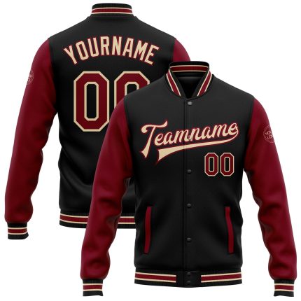 Personalized Black and Crimson Two-Tone Varsity Letterman Bomber Jacket Full-Snap Personalized Black Crimson-City Cream Bomber