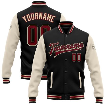Custom Black Crimson Varsity Letterman Bomber Jacket with Personalized Name and Number - Full-Snap Two Tone Design Personalized