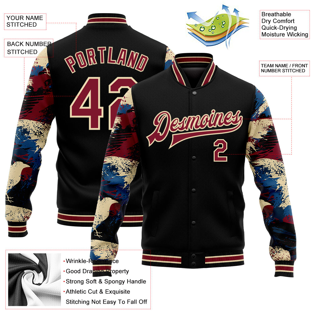 Personalized Black Crimson-City Cream Crow Sleeves 3D Bomber Full-Snap Varsity Letterman Jacket Personalized 3D Bomber Varsity Letterman Jacket Black Crimson-City Cream Crow Sleeves Personalized Black Crimson-City Cream - Image 5