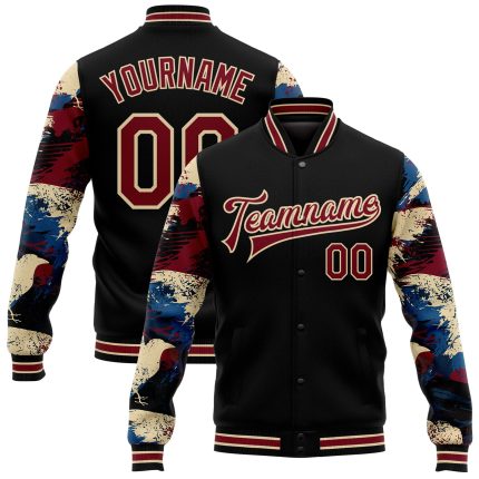 Personalized 3D Bomber Varsity Letterman Jacket Black Crimson-City Cream Crow Sleeves Personalized Black Crimson-City Cream