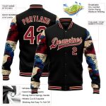 Custom Name and Number Bomber Jacket Varsity Letterman Black Crimson-City Cream Crow 3D Pattern Sleeves Personalized Black