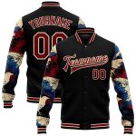 Custom Name and Number Bomber Jacket Varsity Letterman Black Crimson-City Cream Crow 3D Pattern Sleeves Personalized Black