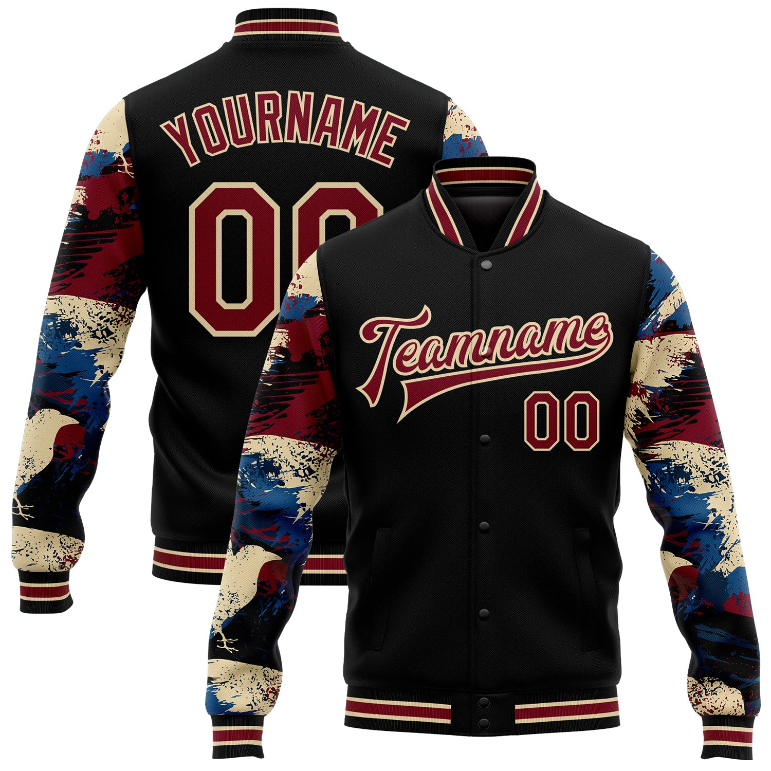 Custom Name and Number Bomber Jacket Varsity Letterman Black Crimson-City Cream Crow 3D Pattern Sleeves Personalized Black