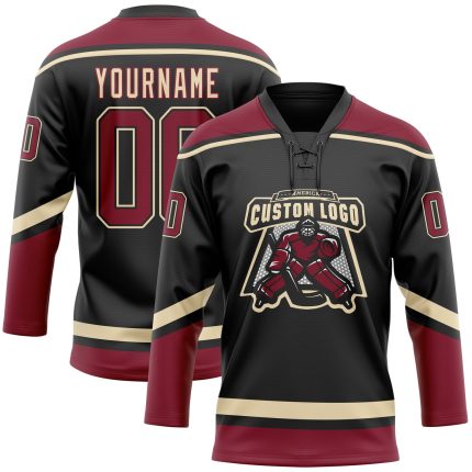 Personalized Black Crimson Hockey Lace Neck Jersey - Customizable Cream Design Personalized Black Crimson-City Cream Hockey