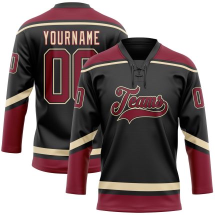 Personalized Black Crimson Hockey Lace Neck Jersey - Customizable Cream Design Personalized Black Crimson-City Cream Hockey