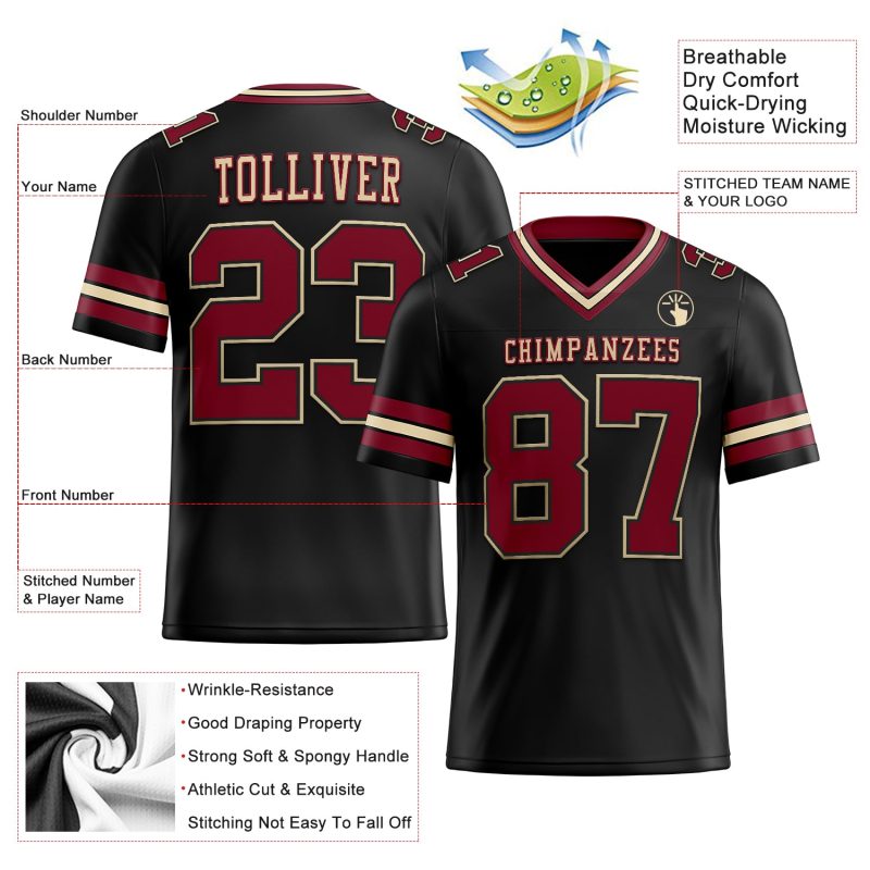 Custom Name and Number Personalized Black Crimson-City Football Jersey Authentic Mesh Personalized Black Crimson-City Cream