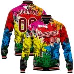 Personalized Skull 3D Bomber Jacket in Black Crimson-City Cream, Varsity Full-Snap Style, Fashionable Letterman Jacket Personalized