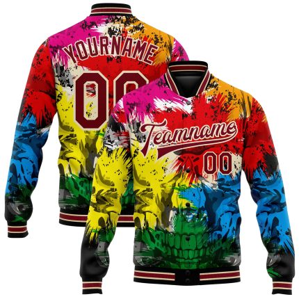 Custom Black Crimson Skull 3D Bomber Jacket with Name & Number - Varsity Full-Snap Fashion Letterman Apparel Personalized