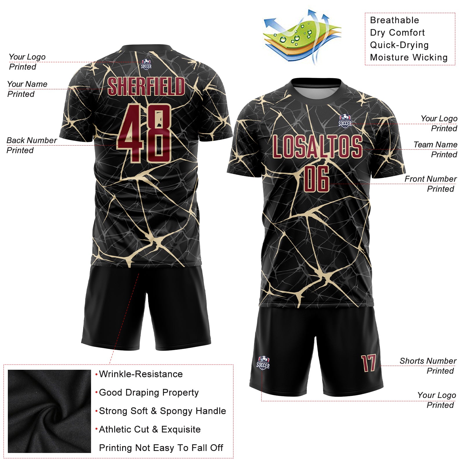 Personalized Black Crimson-City Cream Sublimation Soccer Uniform Jersey Team Custom Name and Number Custom Soccer Jersey with Personalized Name and Number - Black Crimson-City Cream Sublimation Team Uniform Personalized Black - Image 3