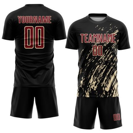 Personalized Black Crimson City Soccer Jersey - Custom Cream Sublimation Uniform Personalized Black Crimson-City Cream Sublimation