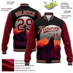 Personalized 3D Wolf Howling Black Crimson-City Bomber Full-Snap Varsity Jacket Personalized Black Crimson-City Cream Wolf