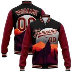 Custom Name and Number Bomber Jacket Black Crimson-City Cream 3D Wolf Howling Design Varsity Full-Snap Letterman Personalized