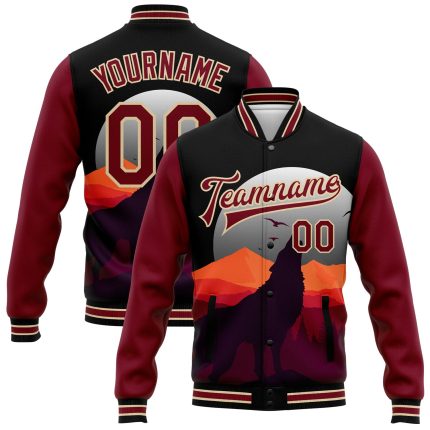 Custom Name and Number Bomber Jacket Black Crimson-City Cream 3D Wolf Howling Design Varsity Full-Snap Letterman Personalized