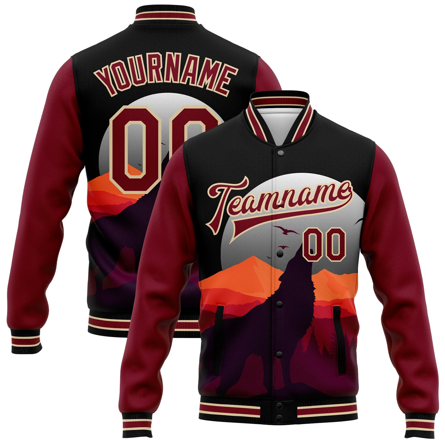 Custom Name and Number Bomber Jacket Black Crimson-City Cream 3D Wolf Howling Design Varsity Full-Snap Letterman Personalized