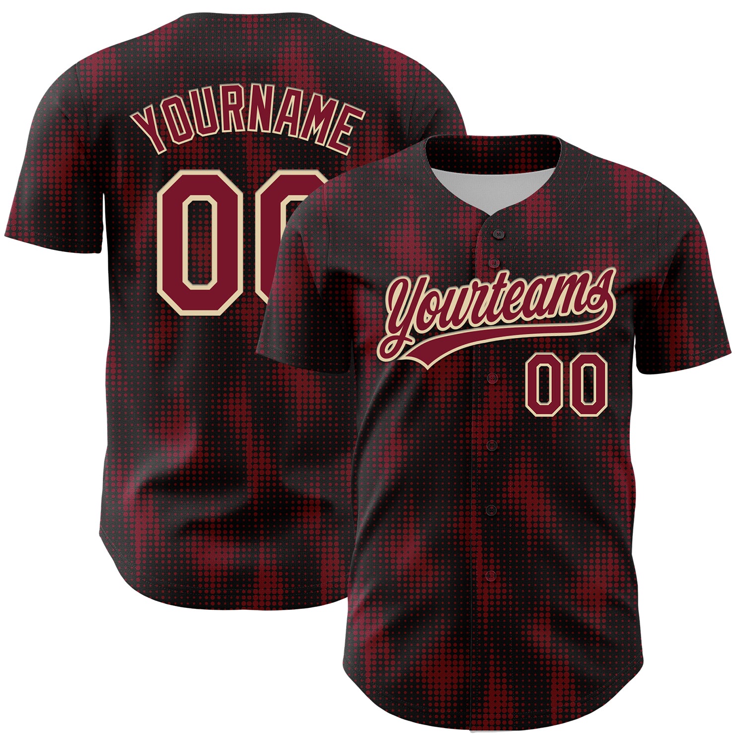 Custom Baseball Jersey with Personalized Name and Number, Black Crimson-Cream 3D Halftone Dots Design Personalized Black