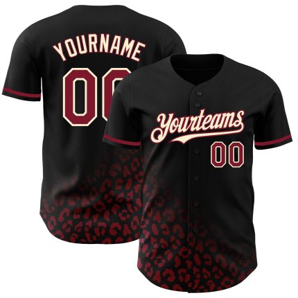 Custom Leopard Print Baseball Jersey - Personalized Black Crimson-Cream 3D Pattern Fade with Team Name and Number Personalized