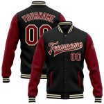 Custom Name and Number Black Crimson Cream Varsity Letterman Bomber Jacket, Personalized Two Tone Full-Snap Design Personalized