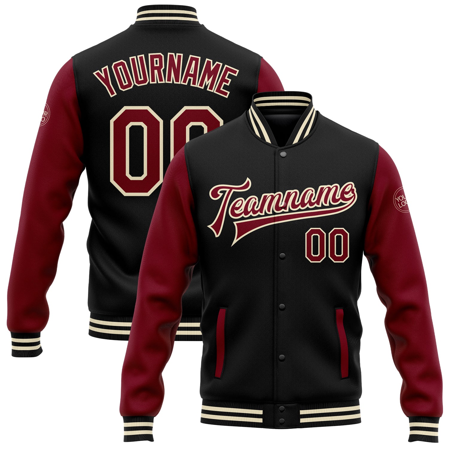 Custom Name and Number Black Crimson Cream Varsity Letterman Bomber Jacket, Personalized Two Tone Full-Snap Design Personalized