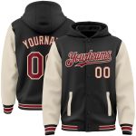 Custom Two Tone Bomber Hoodie Jacket with Name & Number - Personalized Black Crimson Varsity Full-Snap Cream-City Style Personalized