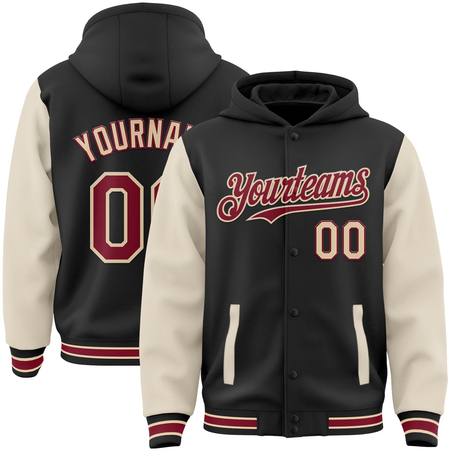 Custom Two Tone Bomber Hoodie Jacket with Name & Number - Personalized Black Crimson Varsity Full-Snap Cream-City Style Personalized