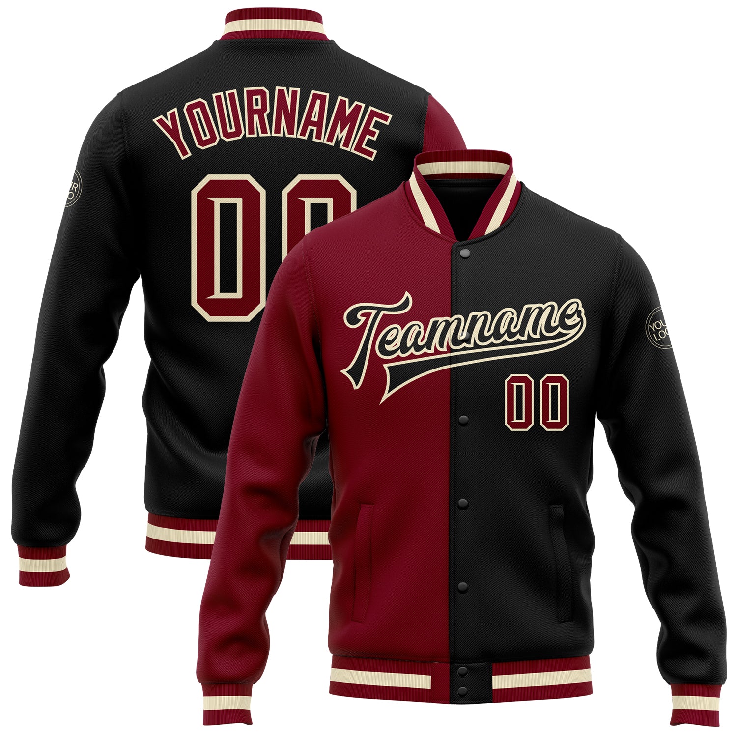 Custom Black and Maroon Varsity Letterman Bomber Jacket - Mens Full-Snap Fashion Coat Personalized Black Crimson Cream-Maroon