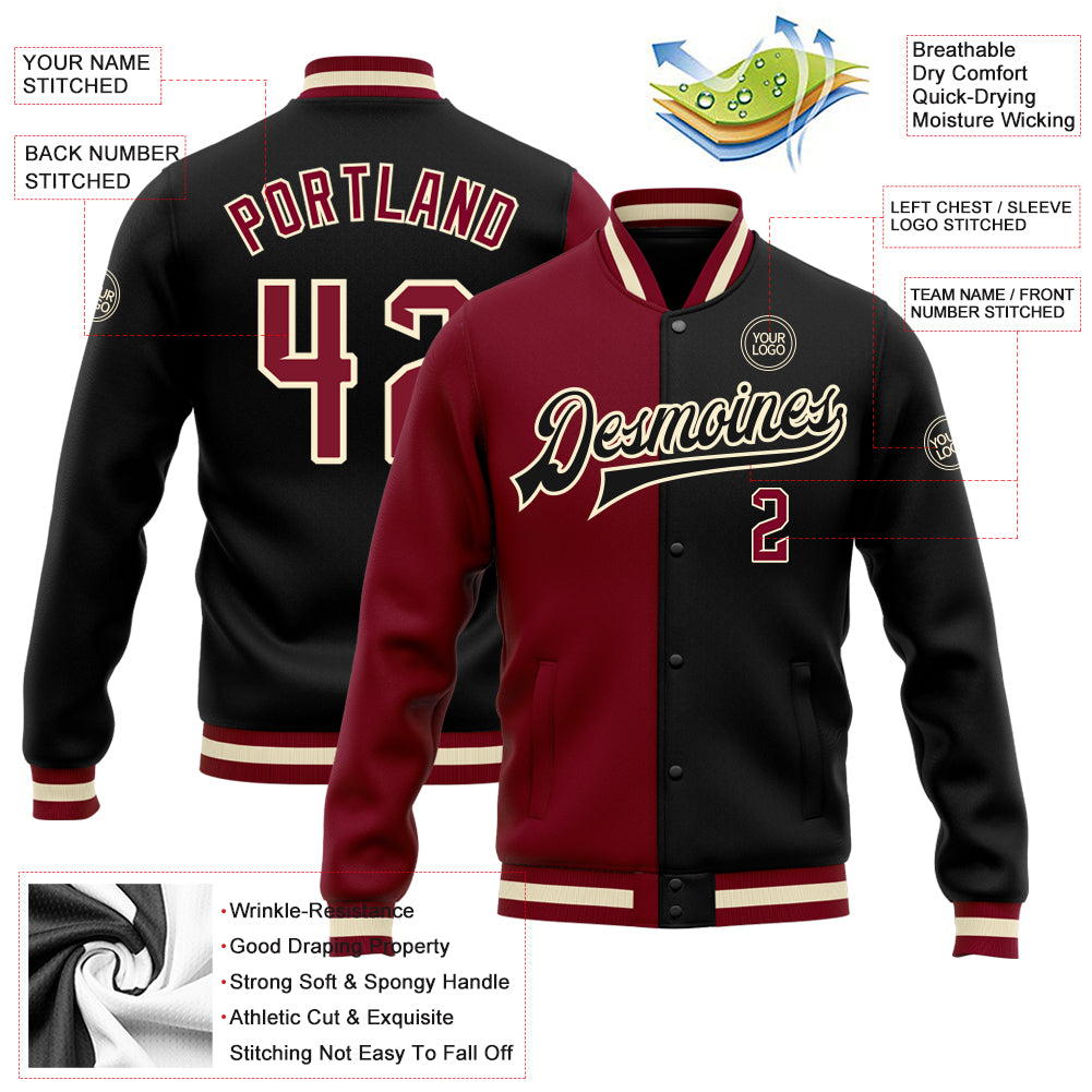 Personalized Black Crimson Cream-Maroon Bomber Full-Snap Varsity Letterman Split Fashion Jacket Custom Black and Maroon Varsity Letterman Bomber Jacket - Mens Full-Snap Fashion Coat Personalized Black Crimson Cream-Maroon - Image 5