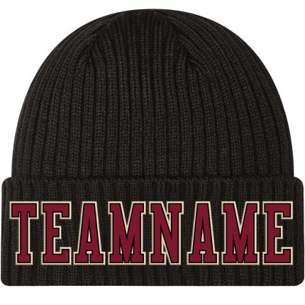 Custom Name and Number Knit Hat - Personalized Black Crimson Cream Stitched Cuffed Beanie Personalized Black Crimson-Cream