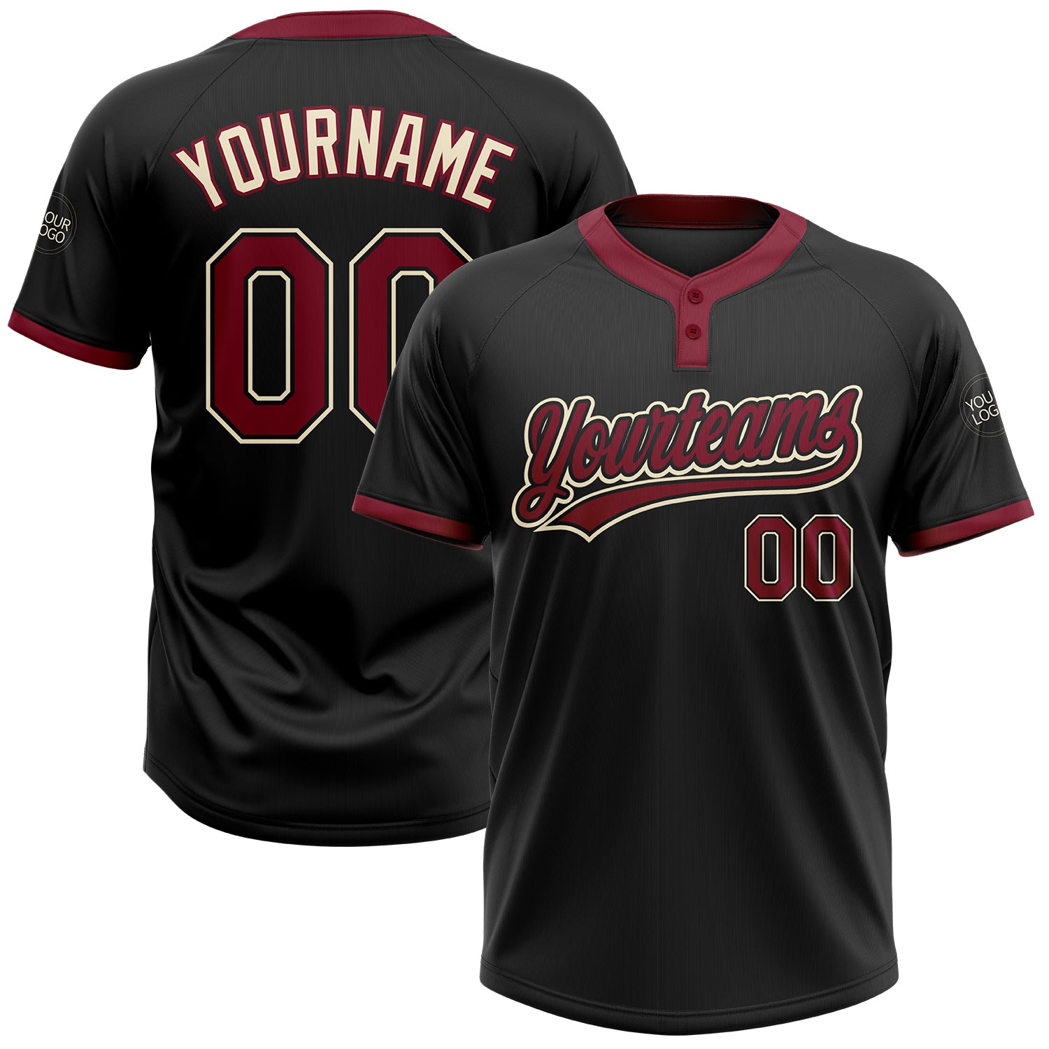 Custom Name and Number Personalized Unisex Softball Jersey - Black Crimson-Cream Two-Button Personalized Black Crimson-Cream