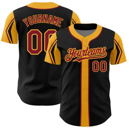 Custom Name and Number Authentic Baseball Jersey - Personalized Black Crimson Gold Arm Shapes in 3 Colors Personalized Black