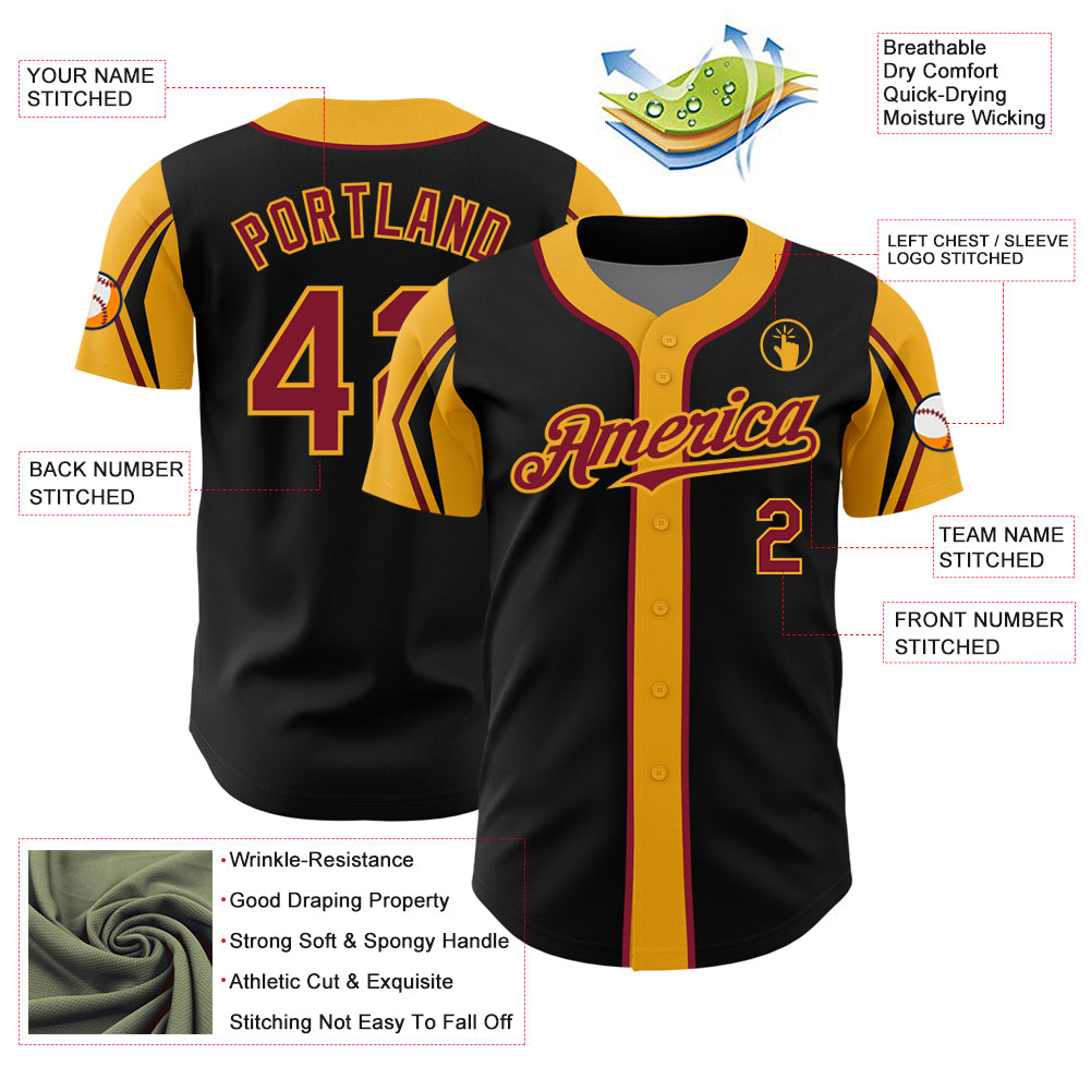 Personalized Black Crimson-Gold 3 Colors Arm Shapes Baseball Jersey Personalized Baseball Jersey in Black Crimson and Gold, 3 Color Arm Shapes Personalized Black Crimson-Gold 3 Colors Arm Shapes - Image 4