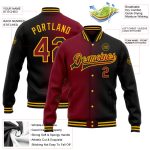 Custom Team Name Number Black Crimson Gold Bomber Varsity Jacket Full-Snap Gradient Fashion Coat Personalized Black Crimson-Gold