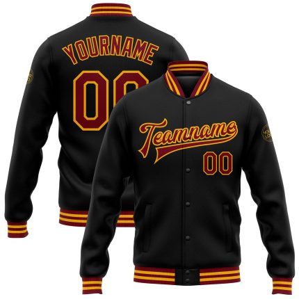 Personalized Black Crimson Gold Varsity Letterman Bomber Jacket - Full Snap Design Personalized Black Crimson-Gold Bomber