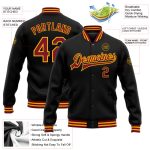 Personalized Black Crimson Gold Varsity Letterman Bomber Jacket - Full Snap Design Personalized Black Crimson-Gold Bomber