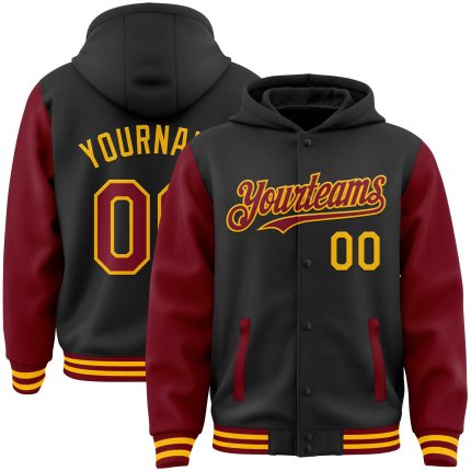 Custom Team Name Number Personalized Black Crimson Gold Two Tone Hoodie Jacket Bomber Full Snap Varsity Letterman Personalized