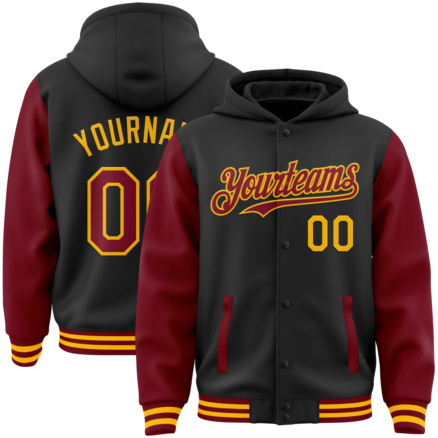 Custom Team Name Number Personalized Black Crimson Gold Two Tone Hoodie Jacket Bomber Full Snap Varsity Letterman Personalized