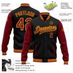 Personalized Bomber Jacket Black Crimson Gold Full-Snap Varsity Letterman Two Tone Personalized Black Crimson-Gold Bomber