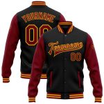Custom Black Crimson-Gold Bomber Varsity Jacket with Name & Number - Personalized Full-Snap Letterman Two Tone Design Personalized