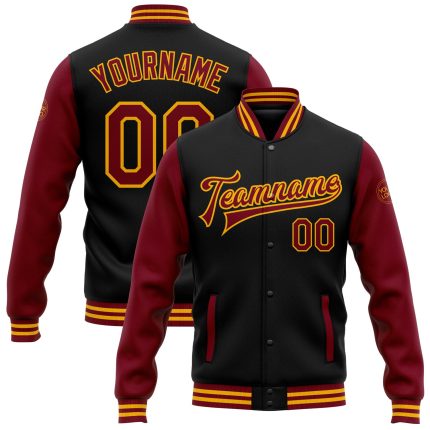 Custom Black Crimson-Gold Bomber Varsity Jacket with Name & Number - Personalized Full-Snap Letterman Two Tone Design Personalized