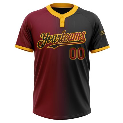 Personalized Unisex Softball Jersey in Black Crimson-Gold Gradient - Two-Button Fashion Design Personalized Black Crimson-Gold