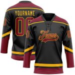 Personalized Hockey Jersey in Black Crimson and Gold with Lace Neck Design Personalized Black Crimson-Gold Hockey Lace Neck