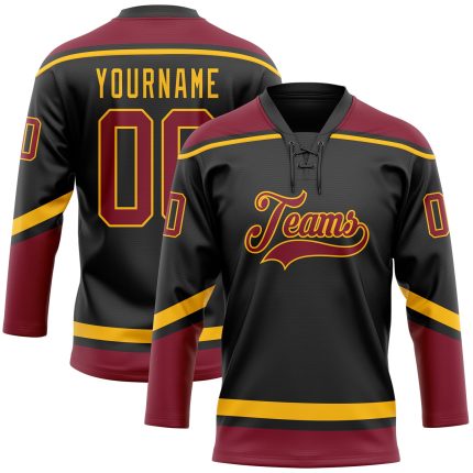 Personalized Hockey Jersey in Black Crimson and Gold with Lace Neck Design Personalized Black Crimson-Gold Hockey Lace Neck