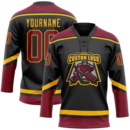 Personalized Hockey Jersey in Black Crimson and Gold with Lace Neck Design Personalized Black Crimson-Gold Hockey Lace Neck