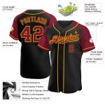 Personalized Baseball Jersey with Black Crimson-Gold Raglan Sleeves Personalized Black Crimson-Gold Raglan Sleeves Baseball