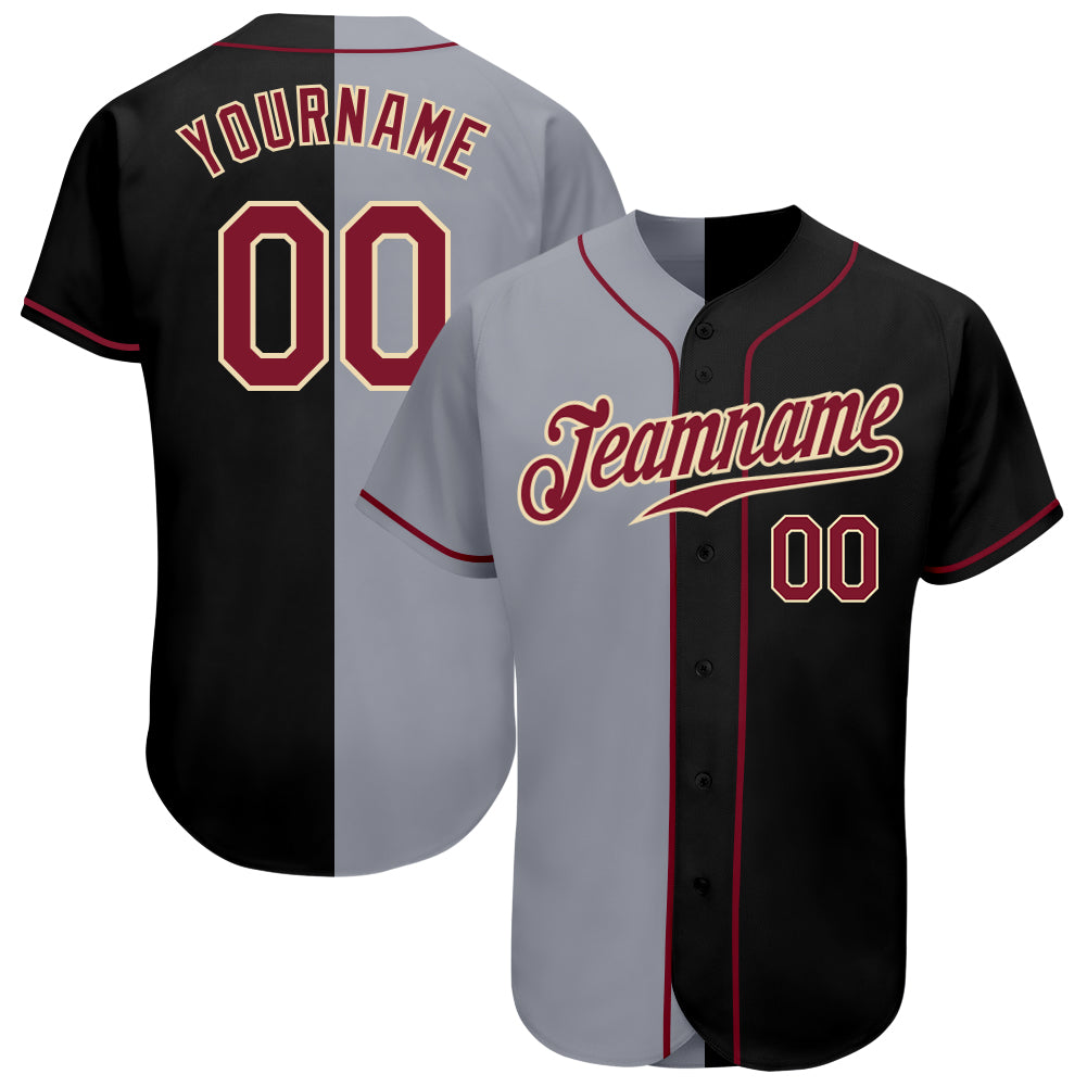 Custom Name and Number Authentic Black Crimson-Gray Split Fashion Baseball Jersey - Personalized Team Gear Personalized Black