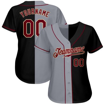 Custom Name and Number Authentic Black Crimson-Gray Split Fashion Baseball Jersey - Personalized Team Gear Personalized Black