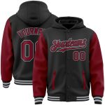 Customized Two-Tone Hoodie Jacket with Personalized Name and Number - Black Crimson-Gray Bomber Varsity Full-Snap Design