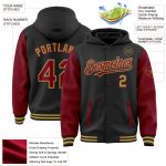 Custom Team Name Number Two Tone Hoodie Jacket - Black Crimson Old Gold Bomber Full-Snap Varsity Letterman Personalized Black