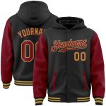 Custom Team Name Number Two Tone Hoodie Jacket - Black Crimson Old Gold Bomber Full-Snap Varsity Letterman Personalized Black