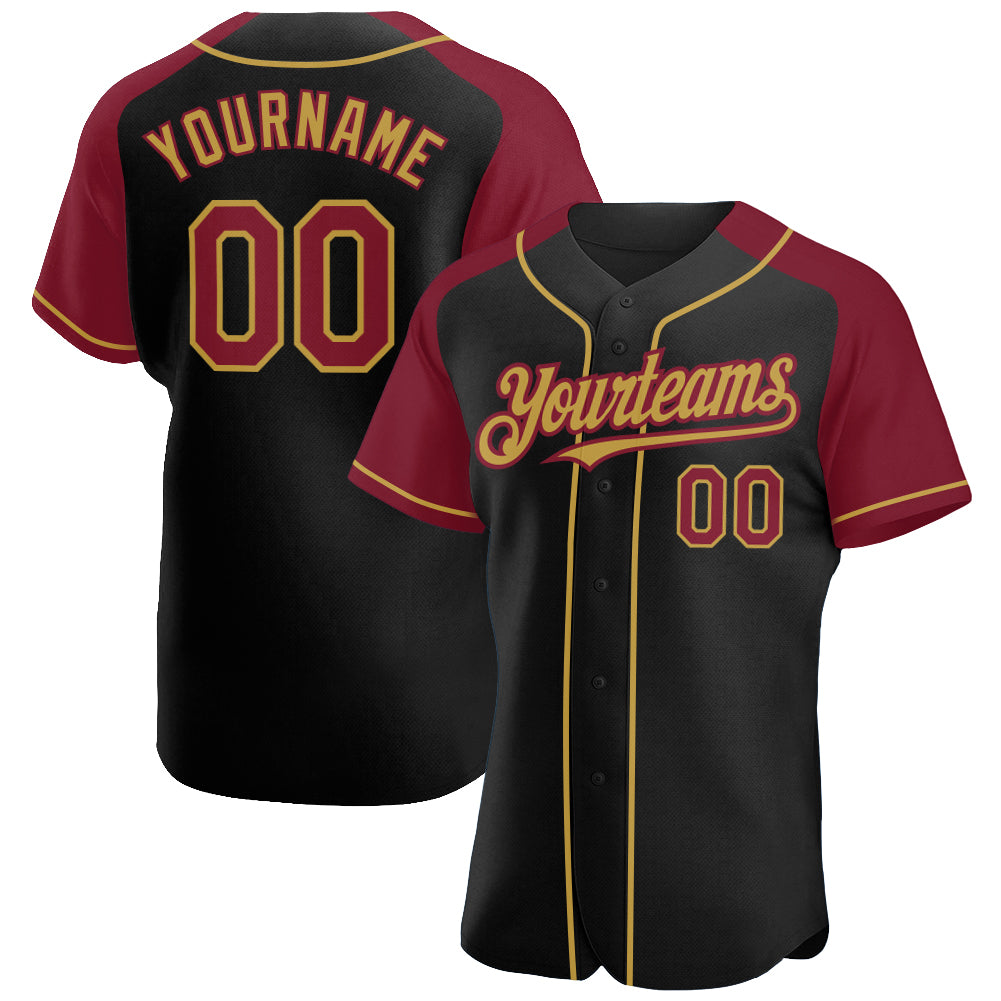 Personalized Black and Gold Raglan Baseball Jersey with Crimson Sleeves Personalized Black Crimson-Old Gold Raglan Sleeves