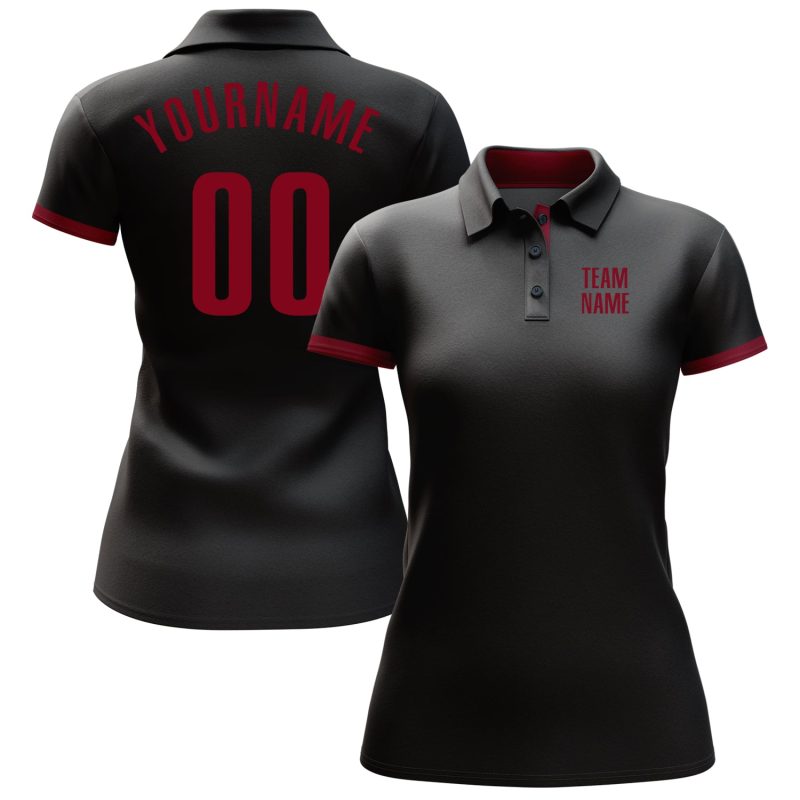 Custom Team Name and Number Black Crimson Performance Golf Polo Shirt - Personalized Athletic Apparel Personalized Black